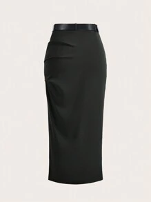 SHEIN EZwear Falda larga con abertura en el muslo, cinturón y fruncido, elegante para dama, de talle bajo, de ajuste regular, color negro liso, para primavera/otoño, atuendo profesional/de oficina - Negro - Ver 2