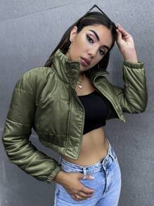 SHEIN Unity Zip Up Crop Padded Padded Coat For Winter Clothes - Army Green - View 5