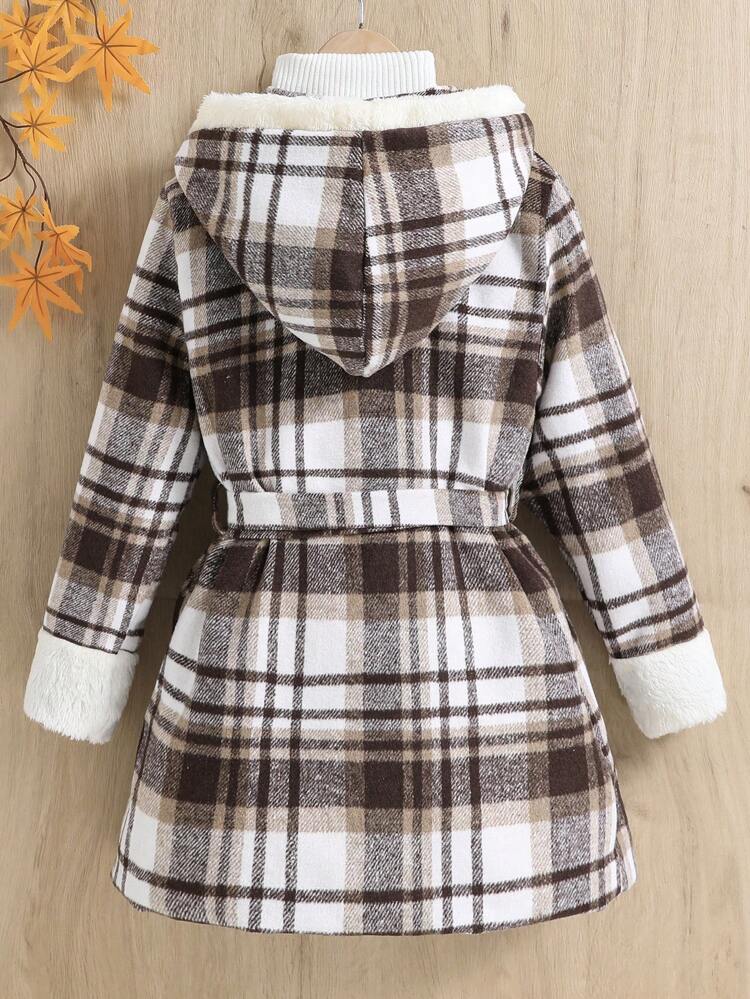 Tween Girl 1pc Plaid Print Double Breasted Hooded Belted Overcoat