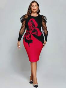 SHEIN Clasi Plus Butterfly Print Contrast Mesh Gigot Sleeve Bodycon Dress - Red - View 3