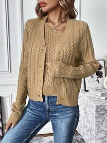 SHEIN Frenchy 麻花編織落肩袖開襟衫&針織吊帶上衣 - 卡其色 - 查看 5