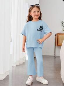 SHEIN 女小童標語圖案落肩T恤&喇叭褲 - 藍色 - 查看 5