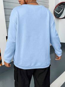 Flirla Plus Letter Graphic Drop Shoulder Sweatshirt - Blue - View 2