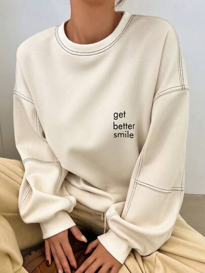 Dazy-Less Slogan Graphic Top-Stitching Drop Shoulder Sweatshirt Old Money Style
