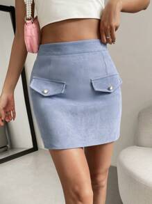 Chiquease 高腰翻蓋細節包臀半身裙 - 淺藍色 - 查看 6