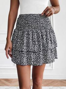 Soleia Ditsy Floral Print Two Layer Hem Skirt - Black - View 1