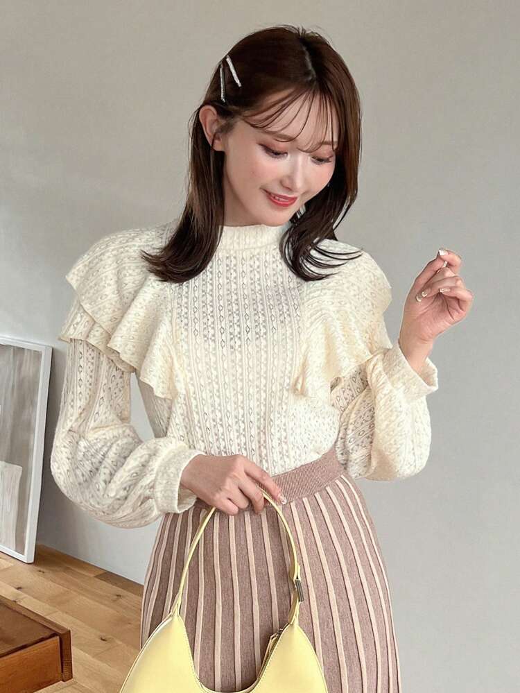 Solid Ruffle Trim Tee Long Sleeve Women Tops