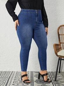 SHEIN LUNE 大碼高腰前紐扣緊身牛仔褲 - 藍色 - 查看 4