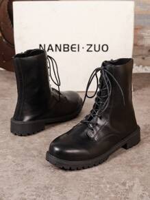 女性時髦,簡約風,舒服的繫帶摩托靴子 - 黑色 - 查看 4