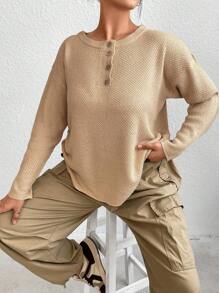 Flirla Plus Half Button Drop Shoulder Sweater Knit Pullover Fall Winter Outfit - Apricot - View 1