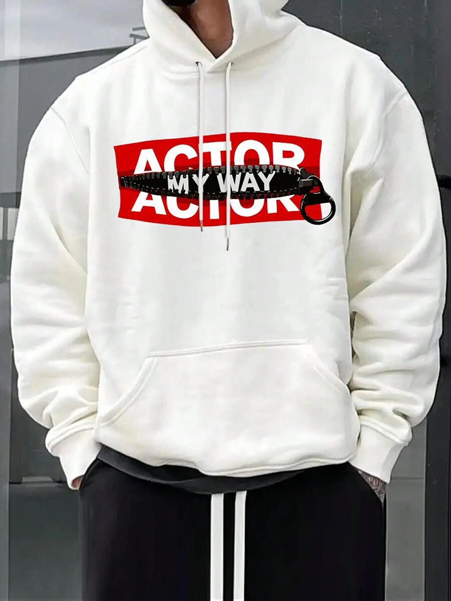 Manfinity LEGND Men Letter Graphic Kangaroo Pocket Drawstring Hoodie - White - View 1