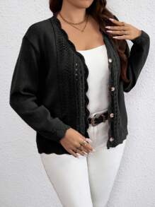 Celure 大碼貝殼邊網眼針織貝殼邊開襟衫 - 黑色 - 查看 1