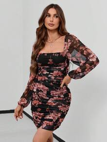 SHEIN Privé Vestido ajustado con estampado floral de cuello cuadrado fruncido - Multicolor - Ver 4