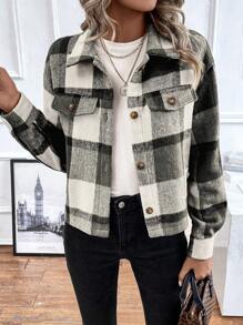 SHEIN LUNE In kẻ sọc Thả vai Chi tiết về Flap Áo khoác - màu đen - Xem 5