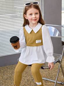 SHEIN Young Girl Letter Patched Flounce Sleeve Peplum Top & Pants - Yellow - View 5