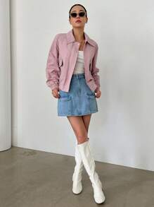 DAZY Flap Pocket Drop Shoulder Zip Up Jacket - Pink - View 5