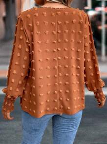 SHEIN Clasi Plus Swiss Dot Guipure Lace Insert Lantern Sleeve Blouse - Brown - View 2