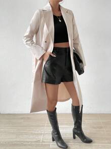 SHEIN Essnce Lapel Neck Double Button Belted Trench Coat - Apricot - View 5