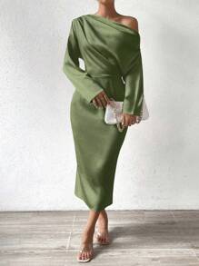 Chiquease 素色不對稱領蝙蝠袖洋裝 - 薄荷綠 - 查看 6