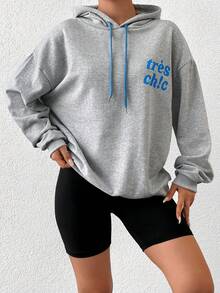 Cottnline 標語圖案落肩袖抽繩連帽衫 - 灰色 - 查看 4