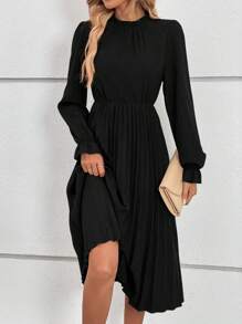 SHEIN LUNE Mock Neck Flare Sleeve Pleated Hem Dress - Black - View 1