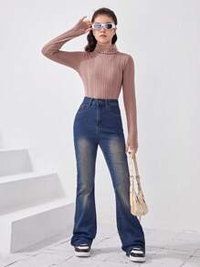 少女針織高領毛茸茸窩紋紋路長袖拇指孔t恤 - 藕粉色 - 查看 4