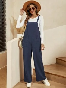 SHEIN LUNE 雙口袋背帶連身褲不帶T恤 - 藏蓝色 - 查看 1