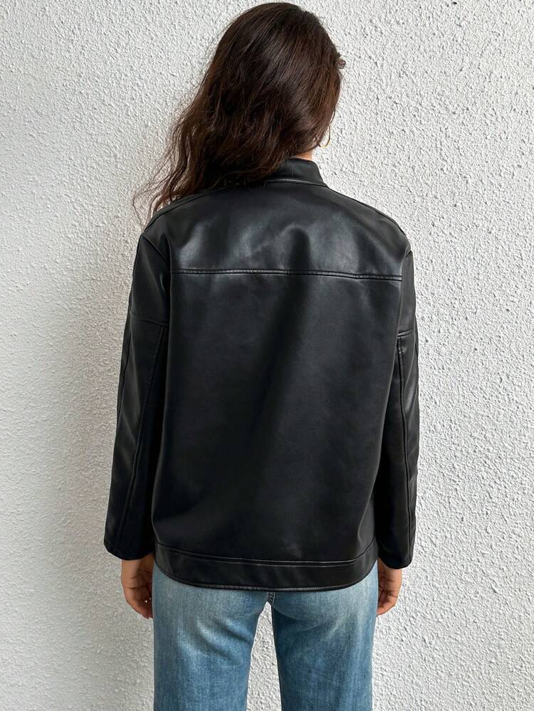 Striped Trim PU Leather Jacket