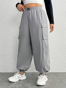 SHEIN EZwear 大碼字母補丁細節側翻蓋口袋工裝褲 - 灰色 - 查看 5