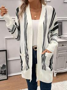 SHEIN LUNE Striped Pattern Dual Pocket Drop Shoulder Duster Cardigan - Black and White - View 6