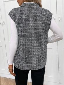 SHEIN LUNE Hoa văn kẻ sọc Chi tiết về Flap Áo khoác vest - màu đen - Xem 2