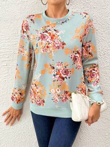SHEIN LUNE Floral Print Round Neck Sweatshirt - Mint Green - View 1
