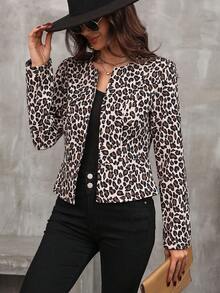 Leopard Print Open Front Jacket - Brown - View 4