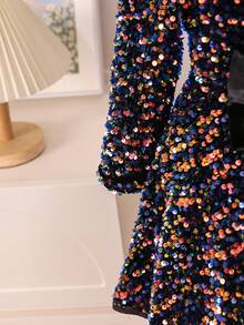 SHEIN 女小童亮片裝飾前蝴蝶結洋裝 - 黑色 - 查看 5