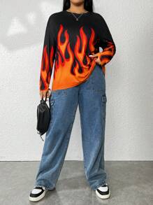 SHEIN Coolane 大碼火圖案落肩T恤 - 黑色 - 查看 4