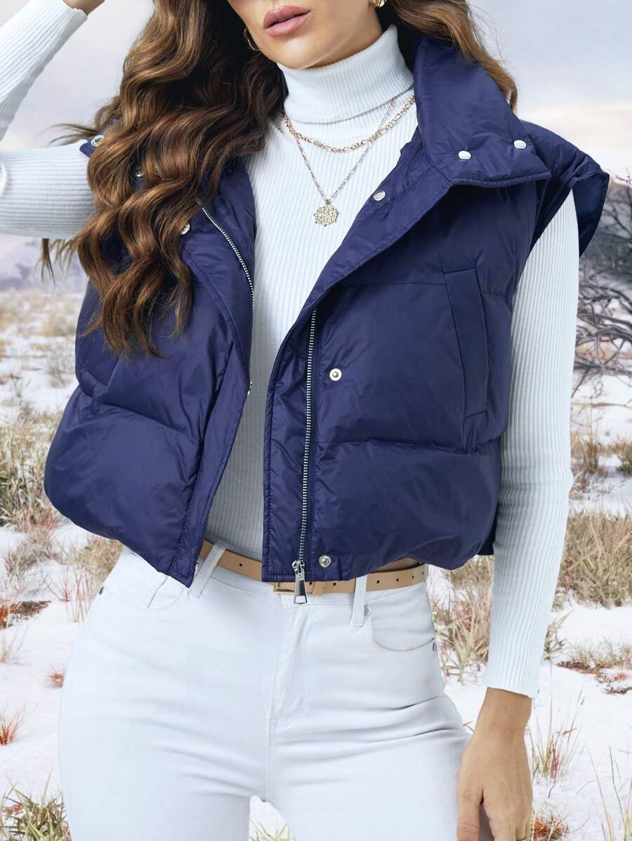 SHEIN LUNE 拉鏈開襟按扣羽絨背心大衣 - 藏蓝色 - 查看 1