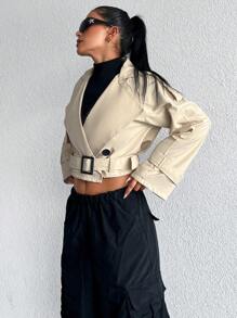 EURMUSE Raglan Sleeve Belted Crop Trench Coat - Beige - View 5