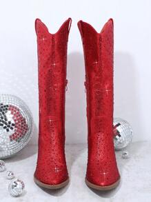 SHUZIA Botas de vaquero rojas hasta la rodilla con brillantes y rhinestones para mujer, lo esencial del invierno y el estilo inspirado en Tayler Swit - Rojo - Ver 3