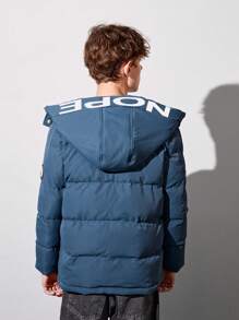 Teen Boy Slant Pockets Hooded Padded Coat - Blue - View 2