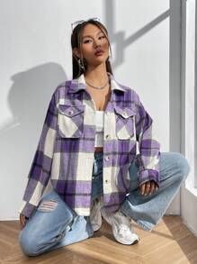 SHEIN Unity Plaid Print Drop Shoulder Flap Pocket Shirt - Purple - View 1