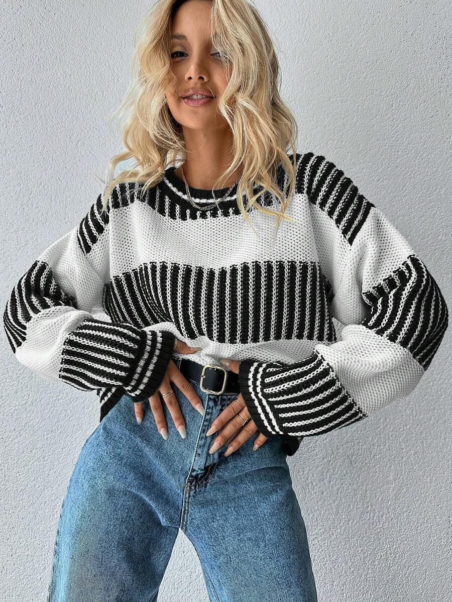 EURMUSE Pullover mit Streifen Muster, Drop Shoulder