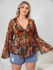 SHEIN VCAY Plus Floral Print Knot Front Flare Sleeve Peplum Tee - Black - View 1