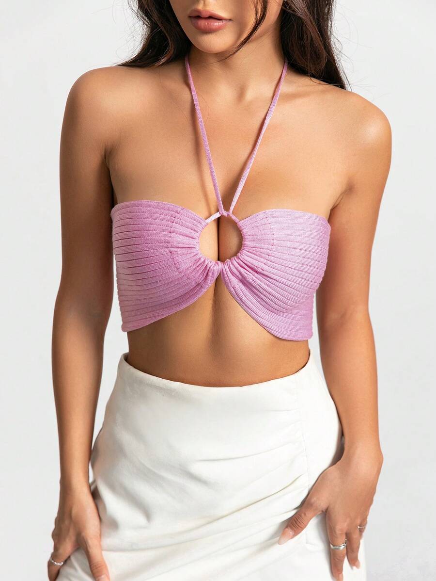 SHEIN Unity Tie Backless Crop Halter Knit Top