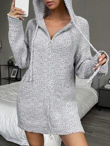 SHEIN LUNE Drop Shoulder Drawstring Hooded Duster Cardigan - Grey - View 6