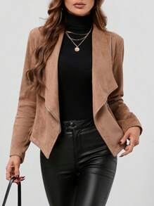 SHEIN LUNE 大翻領拉鏈開襟機車夾克 - 卡其色 - 查看 3