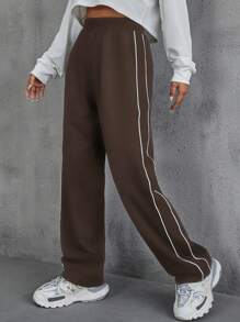 SHEIN EZwear Contrast Piping Elastic Waist Sweatpants - Coffee Brown - View 1