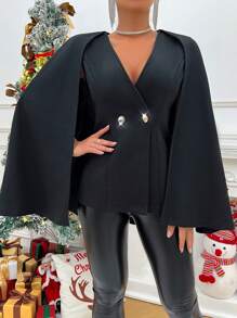 Zolique Cloak Sleeve Double Button Cape Coat - Black - View 4