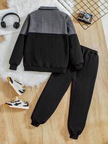 Teen Boy Colorblock Patched Pocket Sweatshirt & Sweatpants - Black - View 2