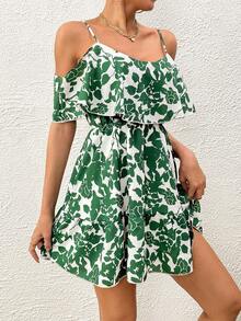 SHEIN VCAY Floral Print Cold Shoulder Ruffle Trim Belted Dress - Green - View 5