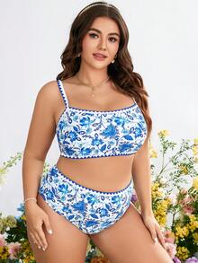 SHEIN Swim Curve Plus Floral Print Contrast Binding Bikini Set - Blue - View 3